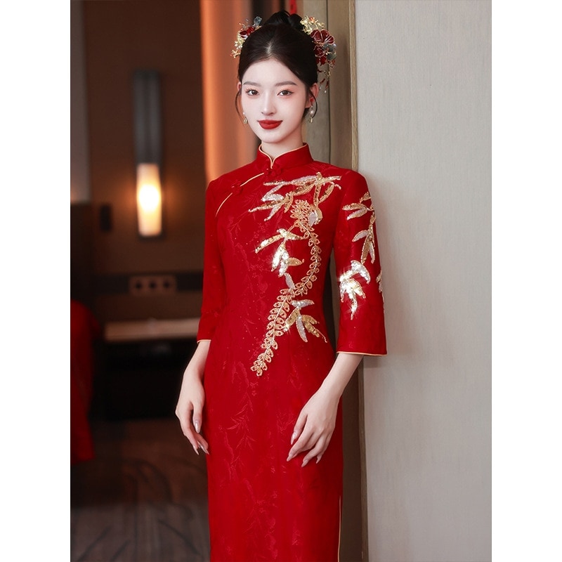 ワンピースドレスドレス逆袖のチョンサムレッドブライドの婚約ドレスドレスカジュアルウェア秋と冬の長袖