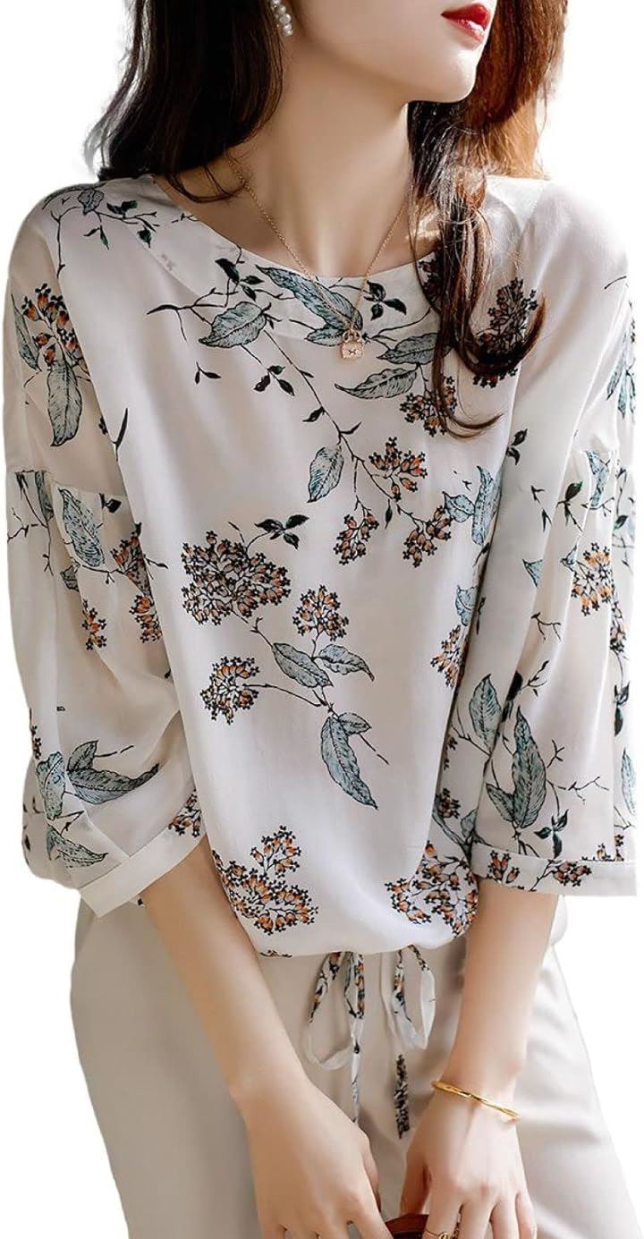 ボタニカル柄カットソー 花柄シフォン ドローストリング 透け感 7分袖 バルーンブラウス 細く見える 七部袖 結婚式 キレイめ 爽やか 配色 おおきめ ユッタリ(ホワイト, XL)