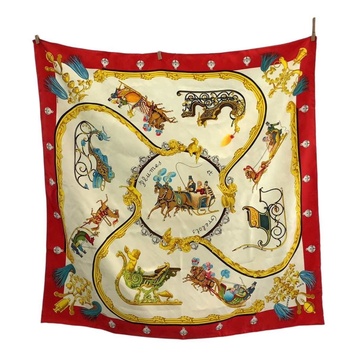 美品 PLUMES ET GRELOTS カレ90 レッド アイボリー シルク スカーフ 大判スカーフ レディース 503850
