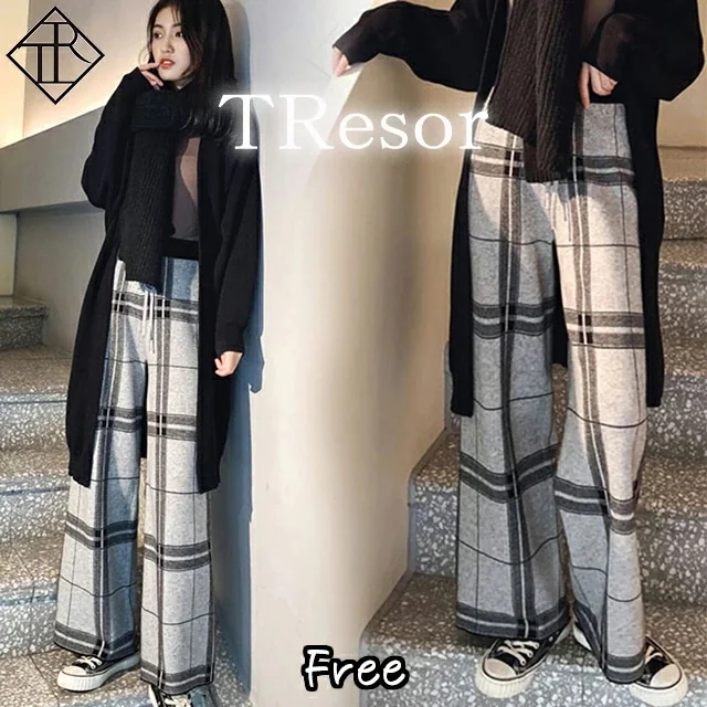 【即納】パンツ レディース 大きいサイズ ワイドパンツ レディース 春夏秋冬 ハイウエスト ニットパンツ チェック シンプル オフィス ゴム紐 ガウチョ ボトムス 大人可愛い 可愛い おしゃれ カジ