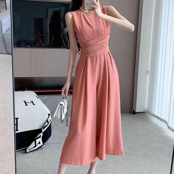 オールインワン オーバーオール パンツ ノースリーブ 襟なし ストレート ウエストマーク ウエストリボン ポケット ハイウエスト 前開き 大人可愛い おしゃれ お洒落 かっこいい こなれ感