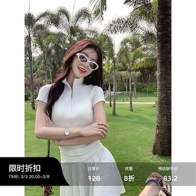 マルチバンカジュアルpolo白tシャツ上着ハイウエストa字ハーフスカート防走光ショートスカート純欲気質カバー