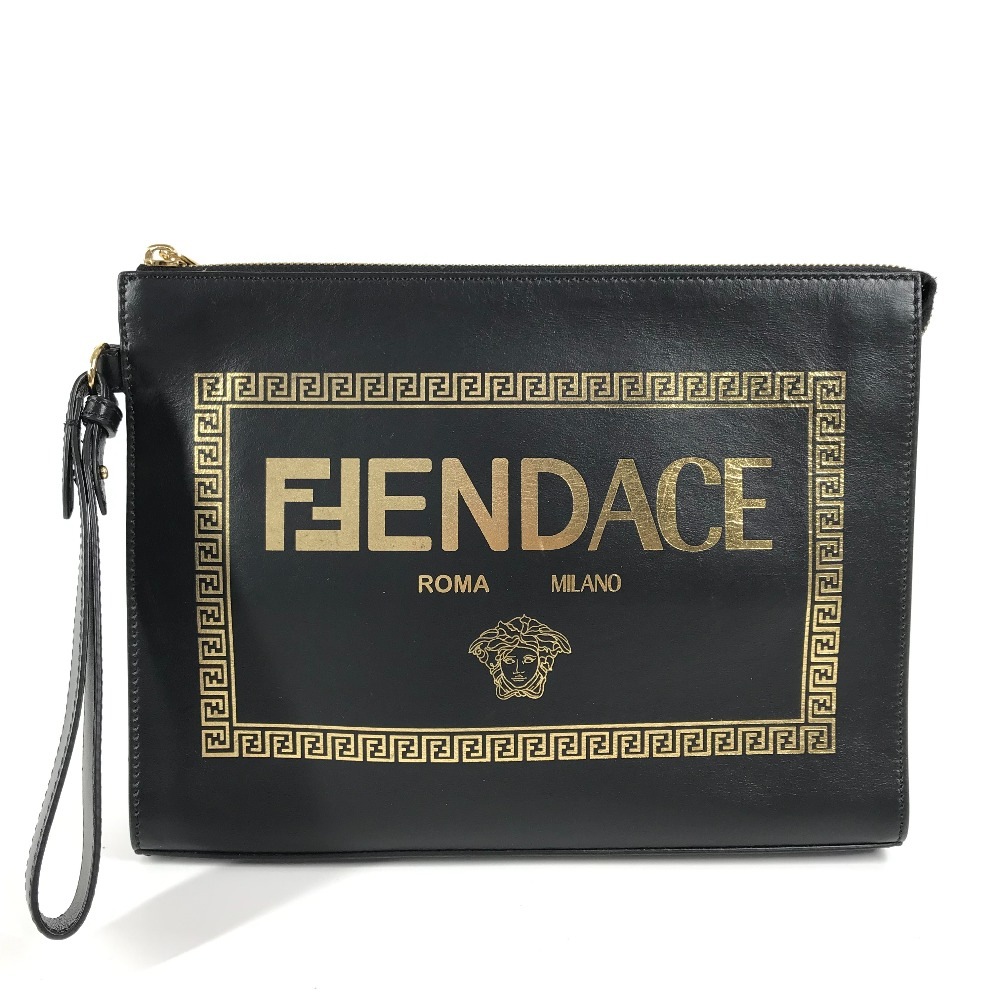 クラッチバッグ フェンダーチェ ロゴ FENDACE ヴェルサーチ VERSACE コラボ ストラップ付 ポーチ カバン レザー ブラック