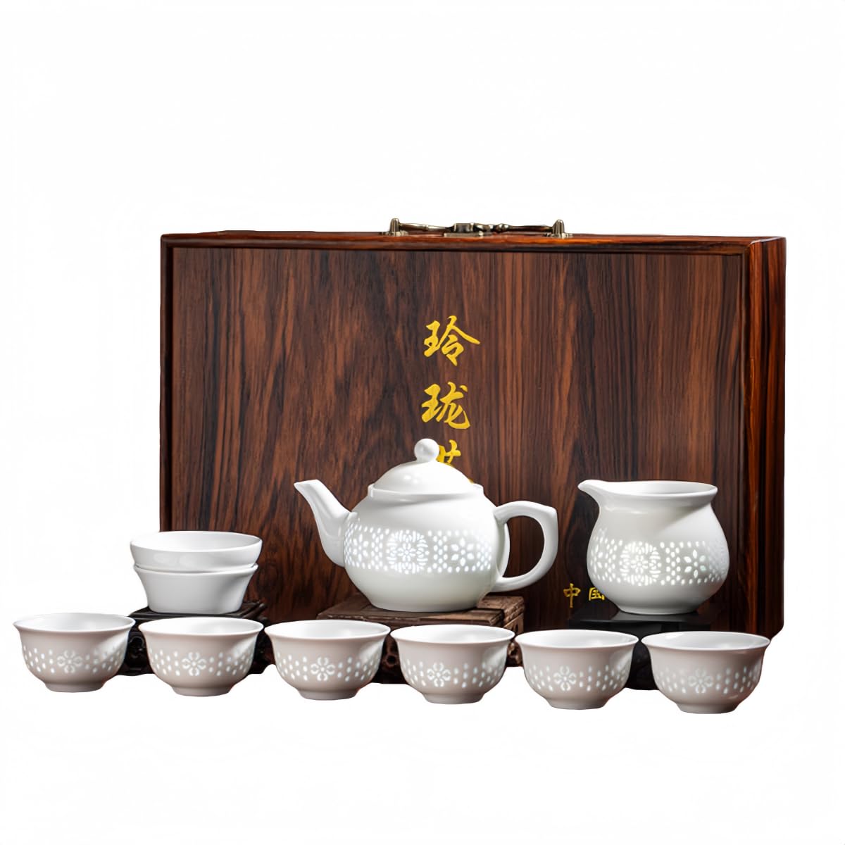 茶器セット中国茶器 高級白磁 ビジネスギフト 茶道 職人謹製 伝統 会社 書斎 お店用 父の日 新年 旅行用 贈り物 (ホワイト ムーンホワイト - 急須付き10点セット [ギフトボックス])