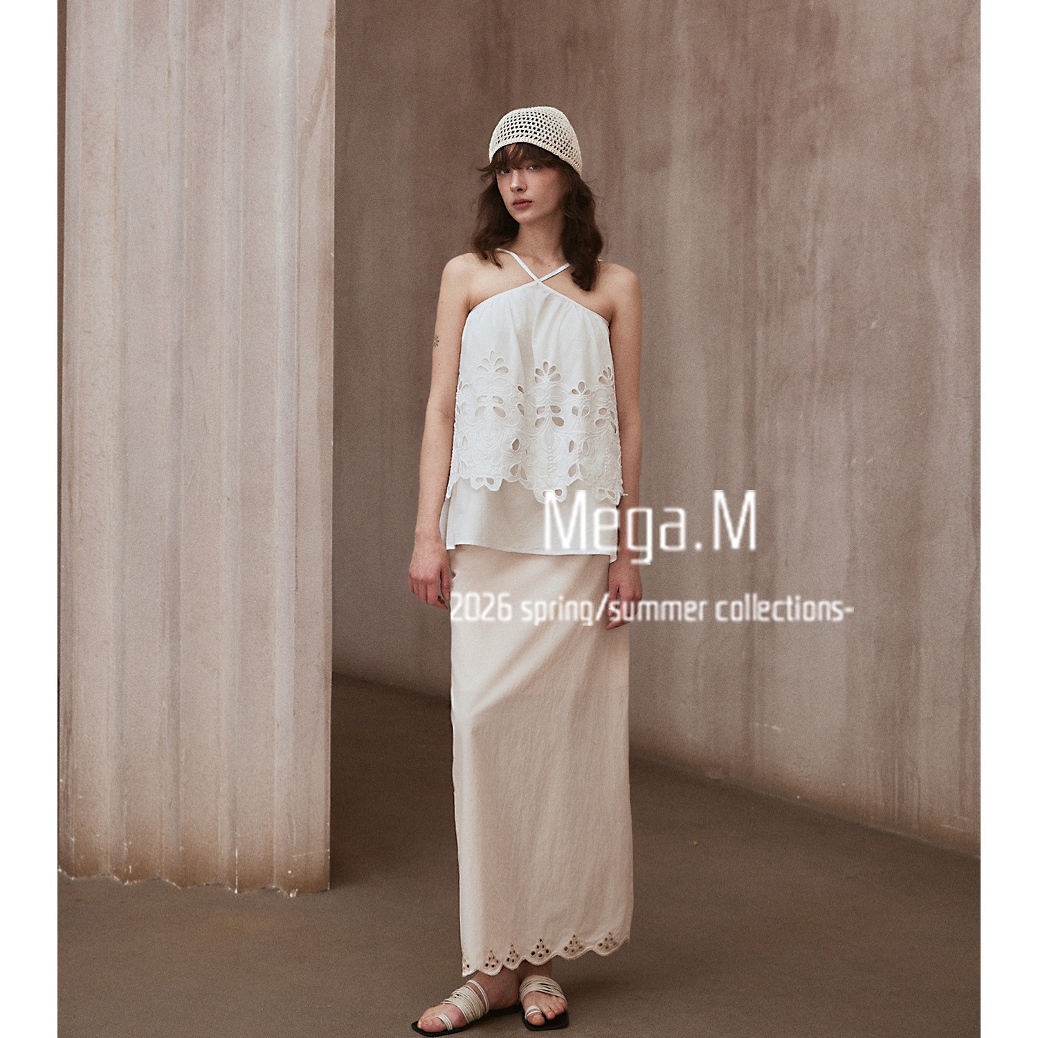 Mega.M ハイウエストミディ丈レーストリムミディスカート 2026年春新作レディース ストレートタイトスカート