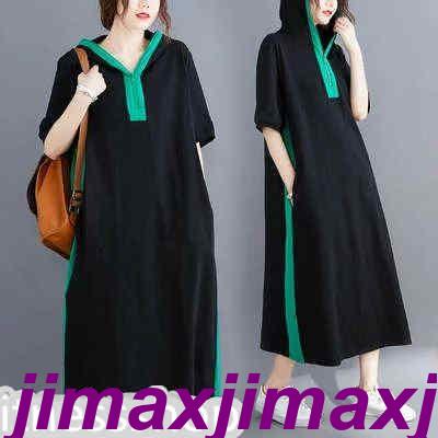 新生活 パーカーワンピース レディース 半袖 フード付き ロング丈 バイカラー切り替え ゆったり 大きいサイズ 着痩せ オシャレ カジュアル 通勤 通学 夏