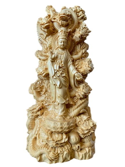 仏像 観音菩薩像 龍上観音菩薩 九龍観音 柘植 仏具 木彫 (約)高30cm幅14cm奥行9cm