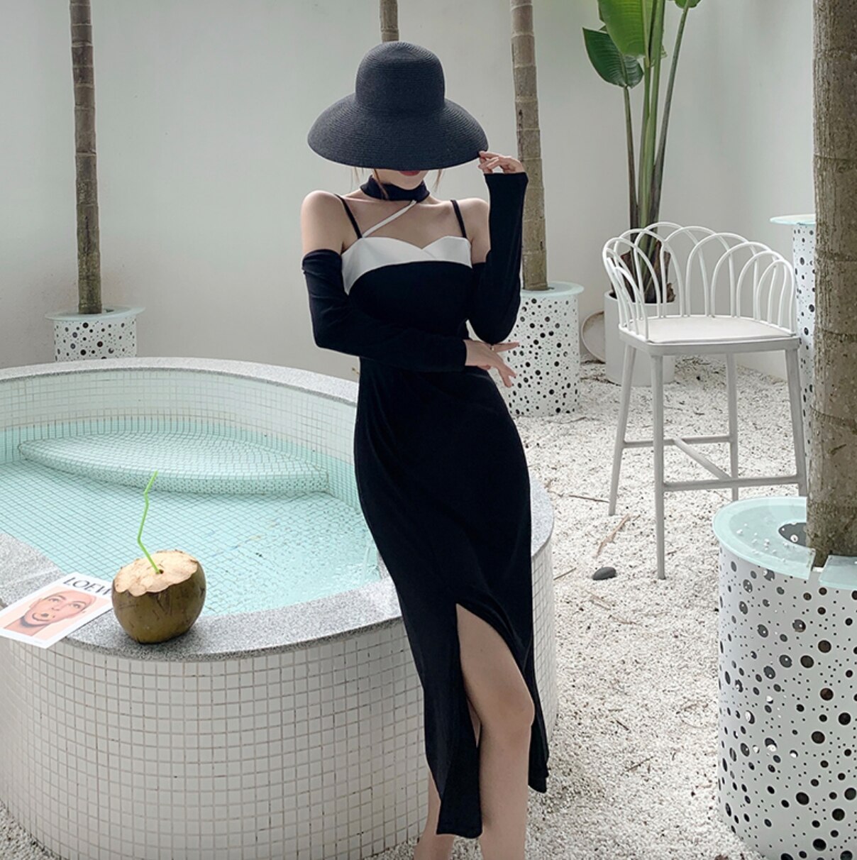 ワンピース キャミワンピ 膝丈 ハートネック サイドスリット アームウォーマー チョーカー おしゃれ 大人可愛い きれいめ エレガント 春 夏 パーティー デート お出かけ S L ブラック 5,017円