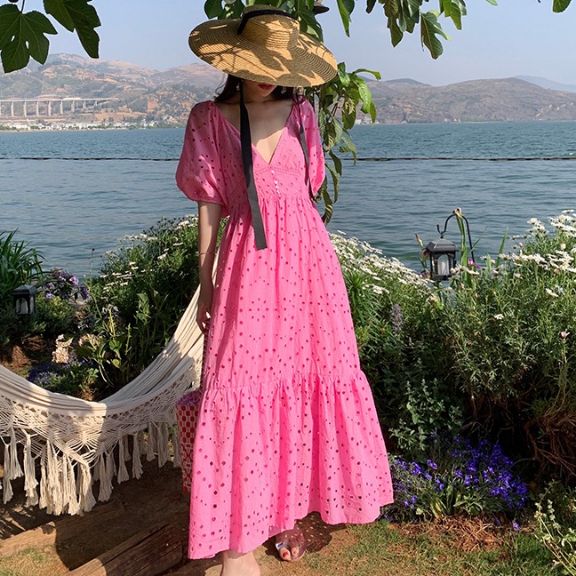 Vネックパンチングレースワンピース サマードレス ゆったり ハイウエスト マーメイドワンピース ワンピース ドレス レディース 夏 海 バケーション パンチングレース 綺麗 可愛い