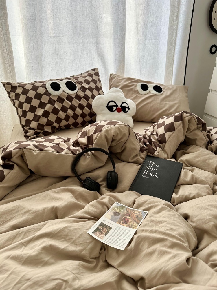 150*200cm/180*220cm/200*230cm韓国ピンクパッチワーク白黒チェッカー水洗綿ベッド上4点セットシーツ学生1.8点セット布団カバー