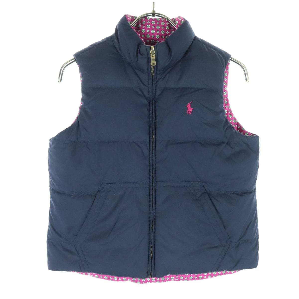 総柄 リバーシブル ダウンベスト 140 ネイビー系 ピンク キッズ 古着