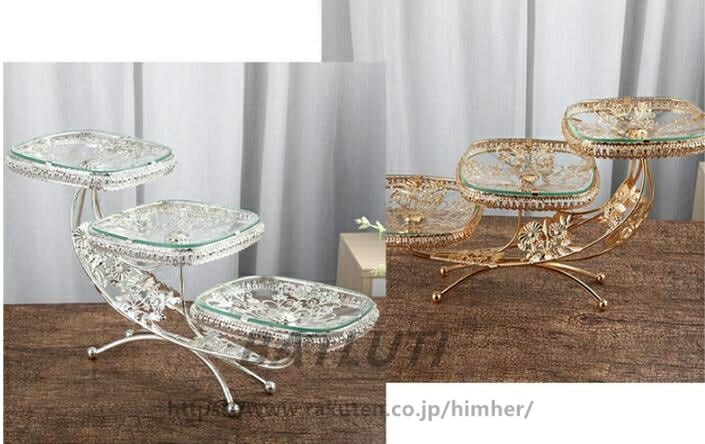 底値価格フルーツプレート フルーツ皿 果物皿 3段 デザート展示台 透明ガラス 方形 北欧風 金花彫刻 アフタヌーンティースタンド 陳列台 ケーキスタンド 結婚式 パーティー用 テーブルデコレーション