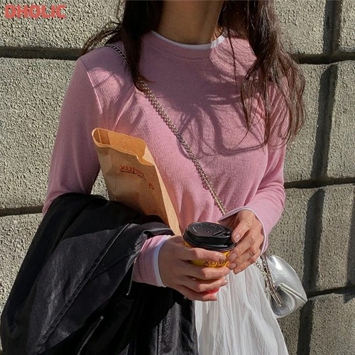 ラウンドネック配色レイヤード風Tシャツ