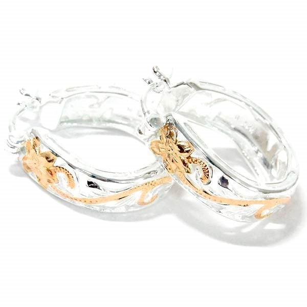 ハワイアンジュエリー フープピアス プルメリア 花 スクロール 波 透かし彫り ピンクゴールド ペアカラー レディース シルバー925