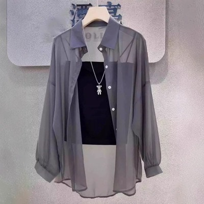 シアー レディース トップス シャツ ブラウス 羽織 前開き 長袖 ドロップショルダー 襟付き 角襟 オーバーサイズ 透け感 シースルー ボタン シンプル カジュアル 上品 おしゃれ こなれ感 抜け感