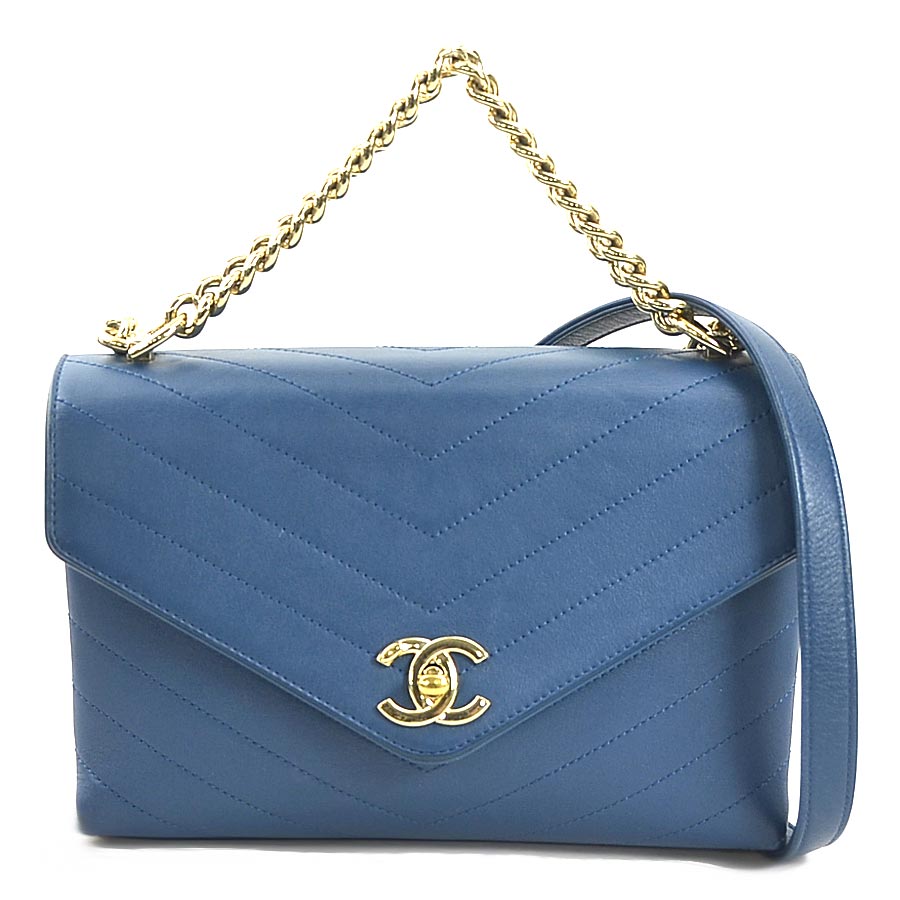 シャネル CHANEL ハンドバッグ ショルダーバッグ Vステッチ レザー ブルー ゴールド レディース e59775g 388,000円