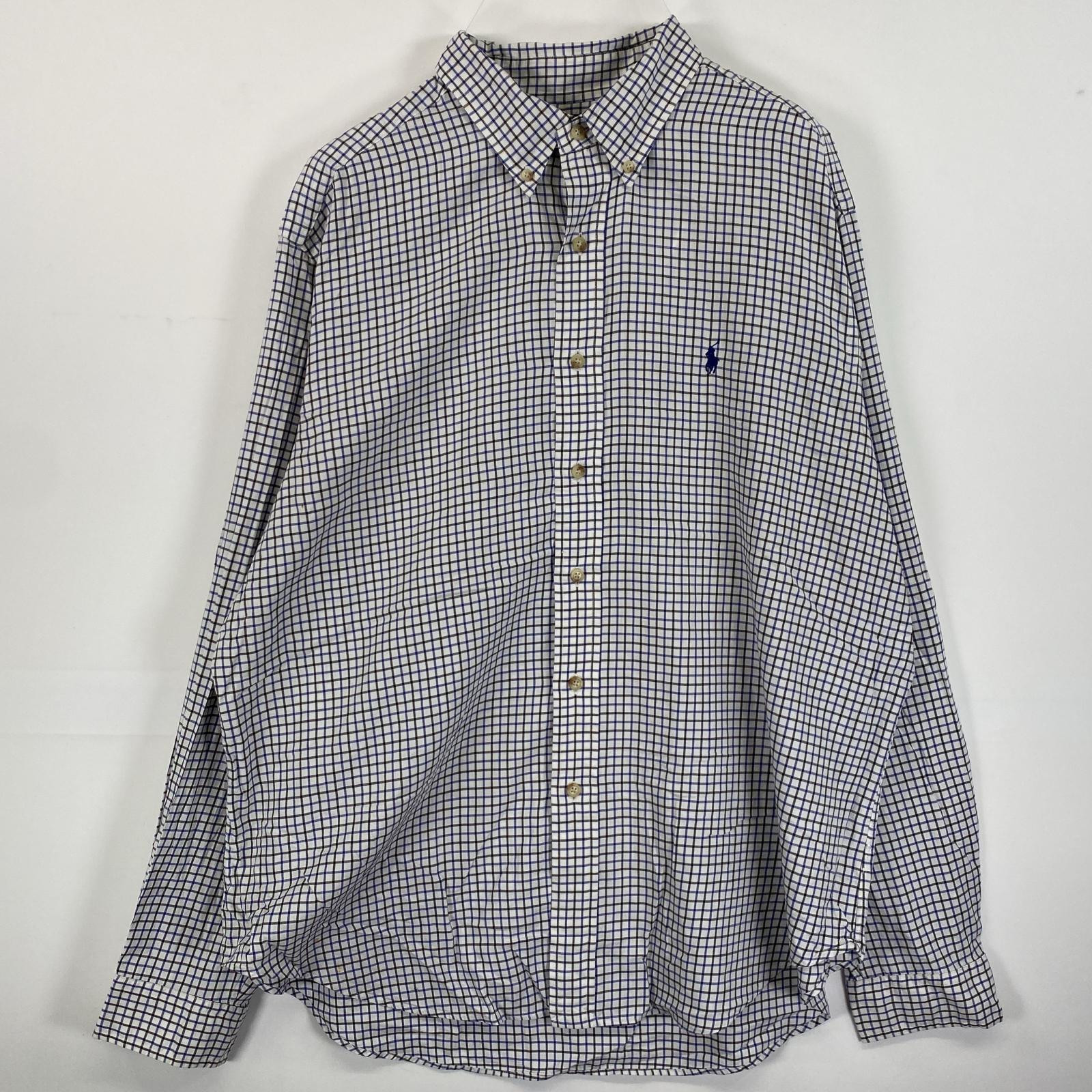 古着 長袖シャツ ボタンダウン ワンポイントロゴ刺繍 ビックサイズ XL ホワイト系 チェック メンズ