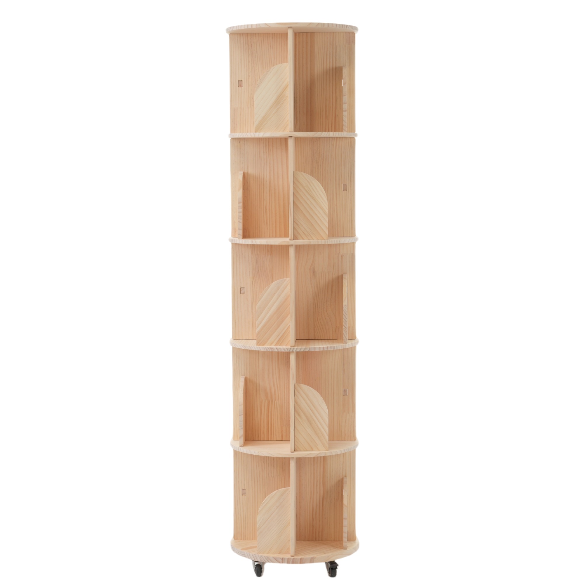 41【5段-キャスター式】回転式本棚 キャスター付き 天然パイン材飾り棚 絵本棚 360回転 コミック収納棚 本棚 大容量 回転ラック 組立簡単 省スペース 収納ラック 2段3段4段5段