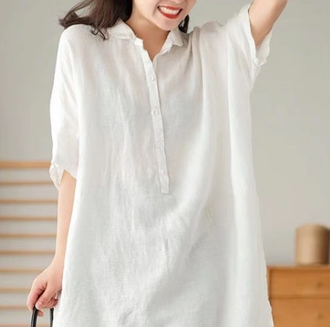 レディース トップス ワンピース シャツ ブラウス ロング 5分袖 Vネック 襟付き フェミニン ストリート ボタン ヴィンテージ かわいい 大人可愛い きれいめ シンプル ポロカラー 上品 おしゃれTシャツ・カットソー