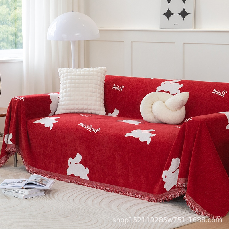 レッドお祝いシンプルシェニールソファカバー漫画かわいいウサギ滑り止めユニバーサルフルカバーソファカバー