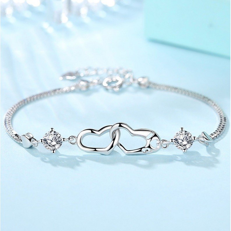母の日 ブレスレット レディース ハート 2粒ダイヤ プラチナ仕上げ シルバー925 誕生日 プレゼ