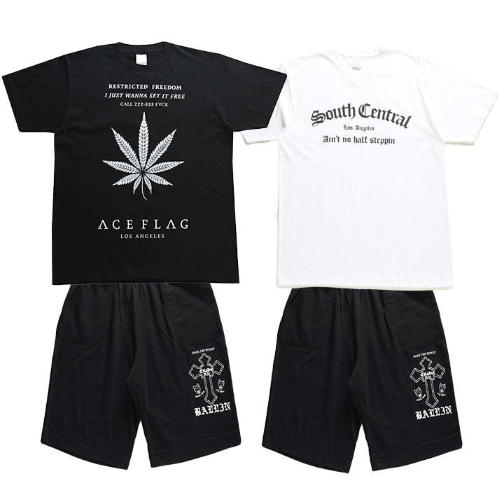 ACE FLAG 上下セット 半袖 ブランド Tシャツ ハーフパンツ メンズ 春夏用 黒 白 大きいサイズ エースフラッグ セットアップ ショートパンツ ヘンプ