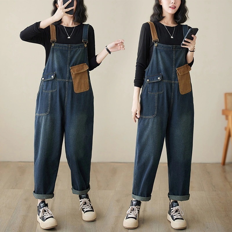 オールインワンパンツ レディース ワイドパンツ 9分丈パンツ ゆったり 新作 春秋 2025 デニムサロペット コントラストカラー 韓国ファッション 大きめ