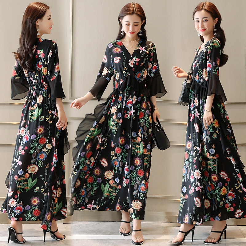 ロングワンピース 小花柄 大花柄 ヒョウ柄 女優 スカート パーティドレス Vネック 袖