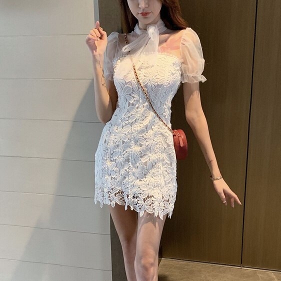 パーティードレス フラワーレース ドレス ワンピース ミニ チュール 背中開き シースルー