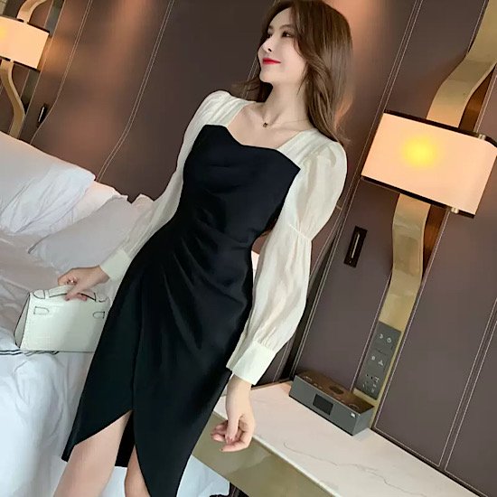 【取寄：納期2週間】結婚式ドレス スリット ミモレ丈 長袖 スクエアネック セクシー 発表会 演奏会 レディース スリム 結婚式 ステージ衣装 エレガント ウエディングドレス カラードレス 無地