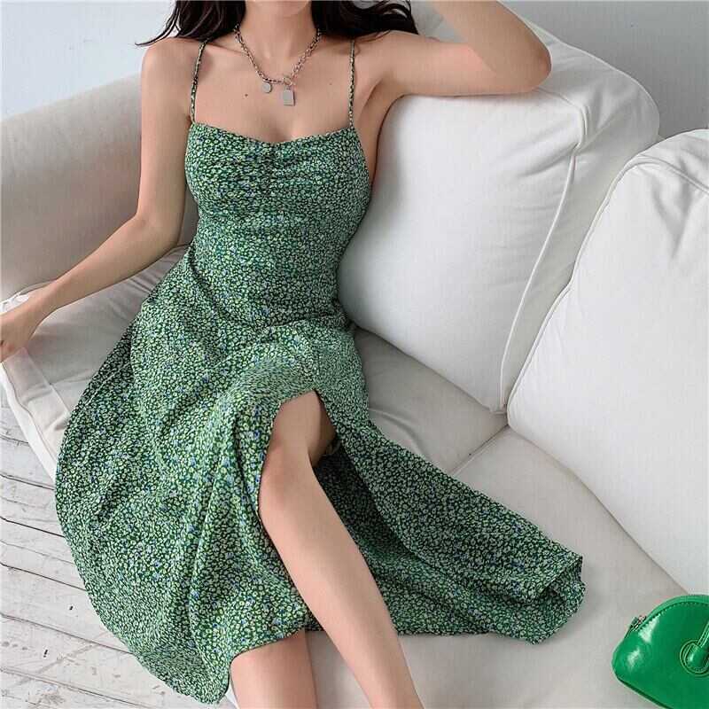 ワンピース キャミソール バッククロス 袖なし ロング丈 スリット 総柄 肌見せ 露出 背中見せ 足見せ セクシー 大人女子 ギャル 涼しげ 夏 サマー リゾート グリーン 緑 観光 旅行 デート l