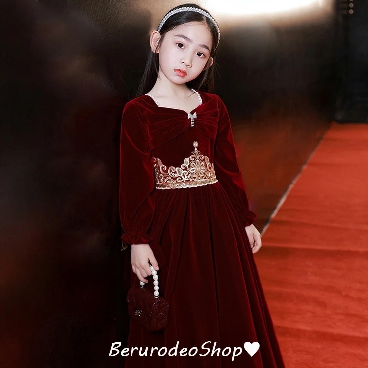 子供ドレス ピアノ発表会 ワイン赤 ベロア ベルベット ロングドレス 女児ドレス パフスリーブ 長袖 女の子 ドレス リボン 演奏会ドレス キッズドレス 子供服 ワンピース フォーマル 入学式 卒業式
