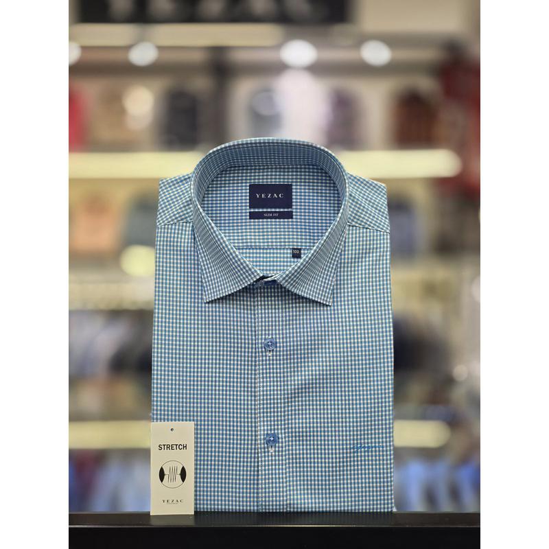 [] 綿TC スパン 小チェック スリムフィットシャツ YJFSBS165BL [P003737526]
