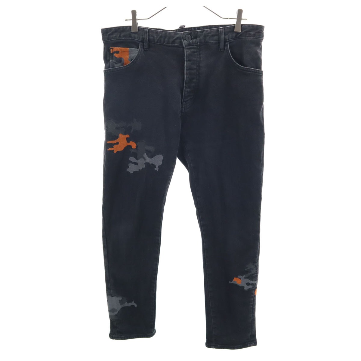 モーリシャス製 カモフラパッチワーク ボタンフライ デニムパンツ w30 グレー アフリカコットン メンズ 古着