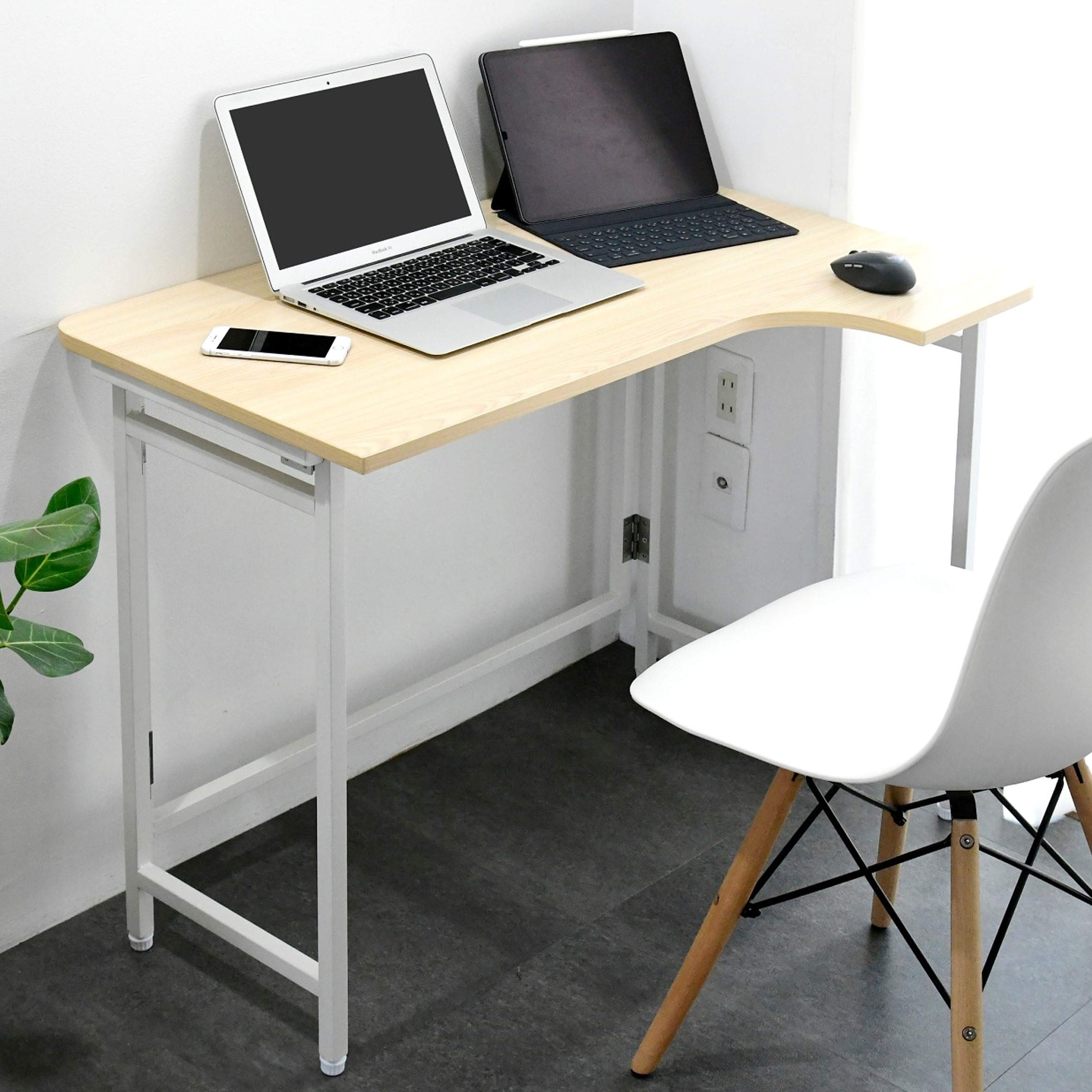 [山善] デスク (L字デスク) 折りたたみ 傷・汚れ・水分・熱に強い天板 なめらかな表面 角が丸い アジャスター付き 幅90×奥行60×高さ70.5cm 完成品 ウッドナチュラル/ホワイト RPST
