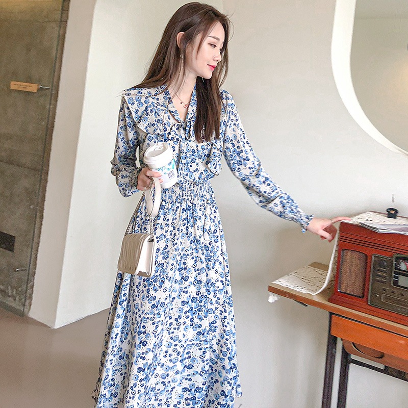 ワンピース 膝下 ロング ロング丈 袖あり 長袖 Aライン シフォン リボン ウエストマーク 薄手 かわいい 大人可愛い きれいめ おしゃれ お洒落 大人女子 こなれ感 ラフ ラブリー キュート