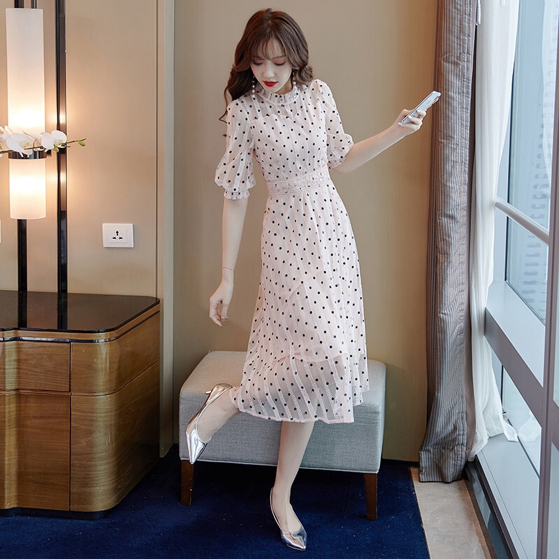 ワンピース 膝下 ミモレ ミモレ丈 袖あり 半袖 フリルスタンドカラー Aライン シフォン フリル ウエストマーク 透け感 薄手 かわいい 大人可愛い きれいめ シンプル カジュアル 大人 上品