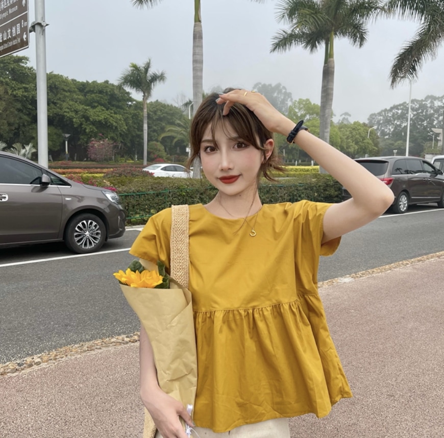 トップス シャツ 袖あり 半袖 フレンチスリーブ ラウンドネック 襟なし フレア ペプラム Aライン 切り替えデザイン フリル リボン バックリボン 綿 薄手 かわいい 大人可愛い きれいめ