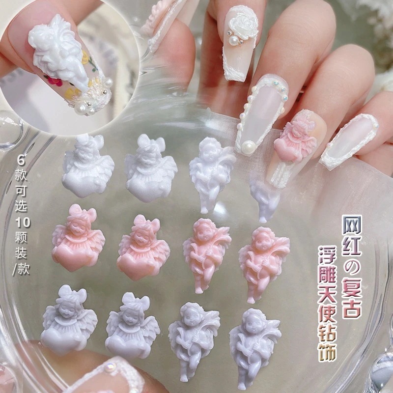 10個マニキュアラブエンジェルジュエリーホワイトレジンダイヤモンド3d立体レリーフ完成着用ネイルアクセサリー
