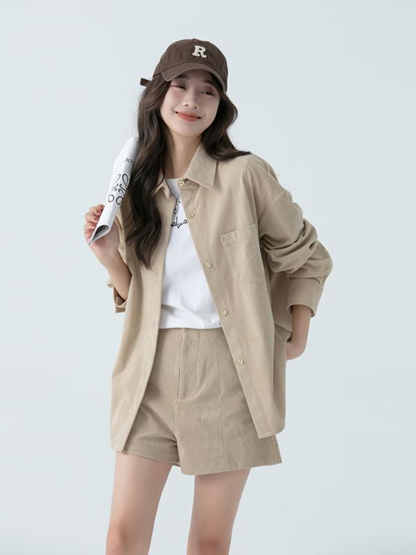 コーデュロイ ジャケット レディース アウター 春秋 シンプル カジュアル シャツ 韓国 グレー ピンク ブラウン