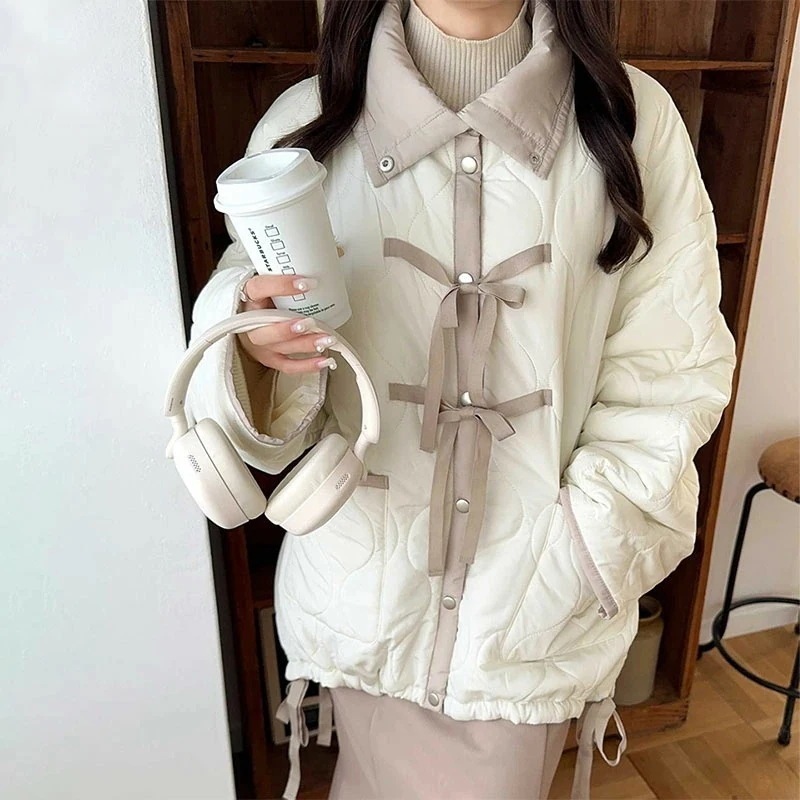 milybilet アウター ジャケット レディース リボン使い パイピング 配色 キルティング モンスター コート ダウン 裾ドロスト リボ 付き ゆるっと オーバーサイズ 大きいサイズ