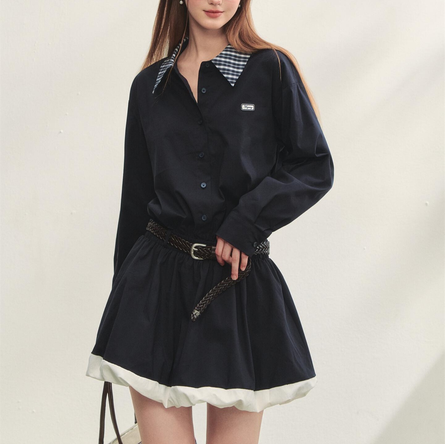 チェック柄ブラック長袖ワンピース初カレッジスタイルスリムウエストバドシャツスカート