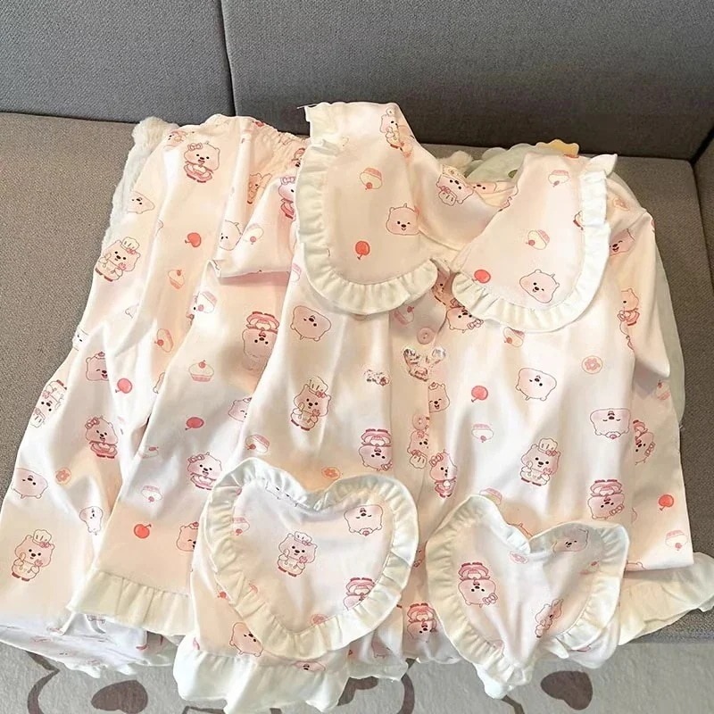 人形襟露比パジャマ女春秋純綿長袖ズボンセット少女かわいいloopy甘い家庭服