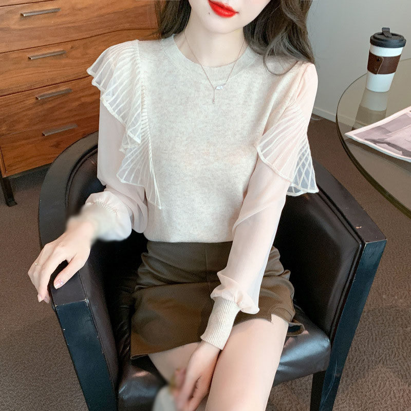 ニット 長袖 フリル トップス チュール 切り替え レディース 春秋冬 セーター かわいい 柔らか 高伸縮 おしゃれ 可愛い エレガント 着やせ 快適 お出掛け デート オフィス カットソー シフォン