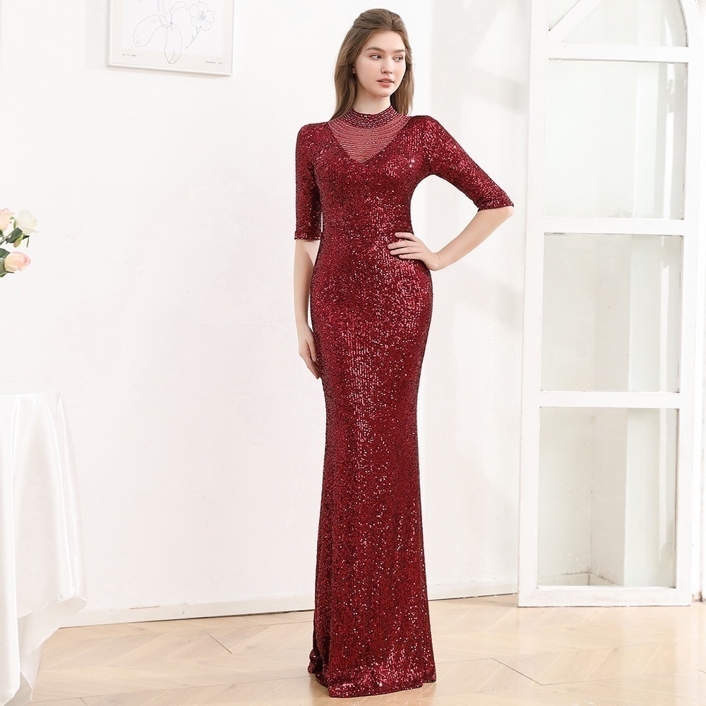 ワンピースドレス イブニングガウン宴会ホステスミドルスリーブロングフィッシュテールドレス ワンピース