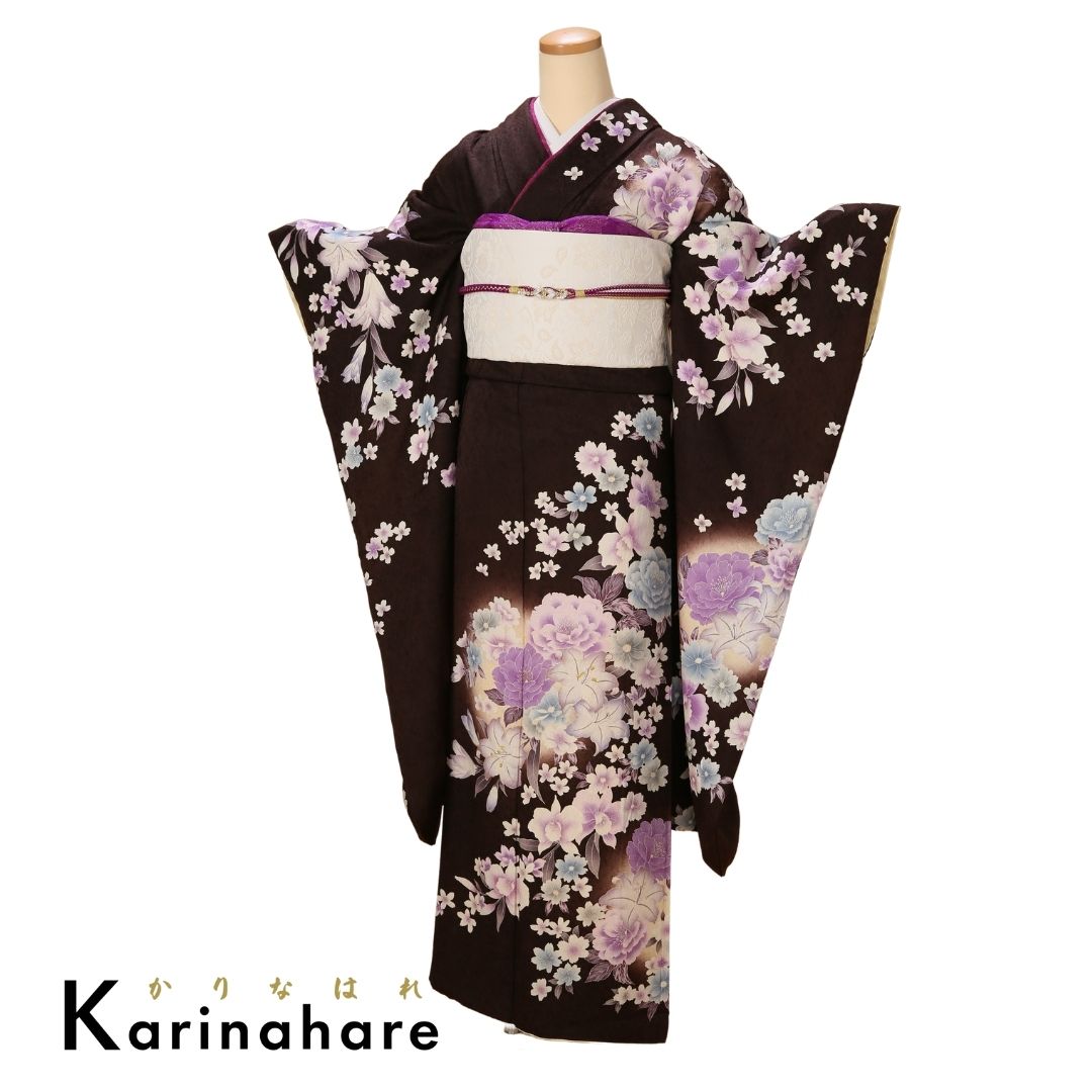 振袖セットF307-106 紫と茶色の中間色の地にバラなどの洋花が描かれた振袖