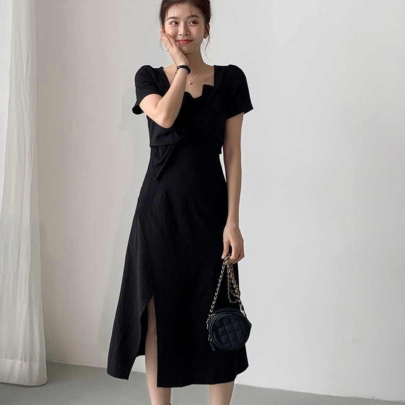 ワンピース ミモレ丈ワンピース 半袖 スクエアネック スリット Aライン ミディアム丈 かわいい 大人可愛い きれいめ シンプル 上品 おしゃれ きちんと 大人女子 こなれ感 個性的 主役級 存在感