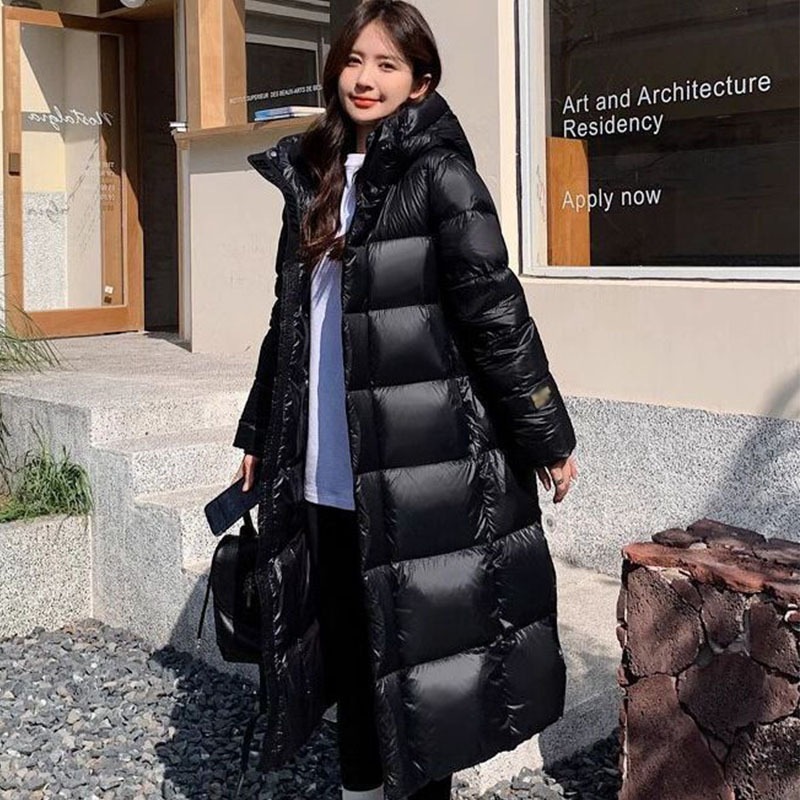 ロングブラックゴールド膝上厚ダウンジャケット23ミドル丈男女兼用上質ジャケット