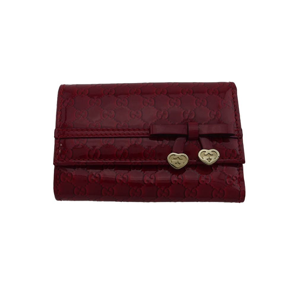 三つ折り財布 グッチシマ リボン ハート ダブルG レッド レディース 中古