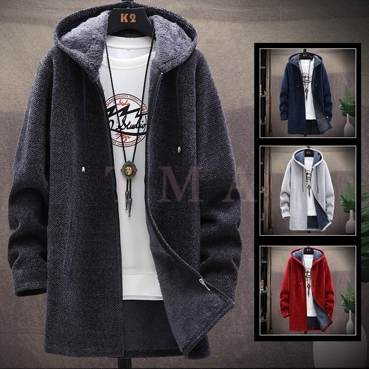 ニットパーカー メンズ ジップパーカー 長袖 冬服 裏起毛 ニットアウター スリムニットジャケット